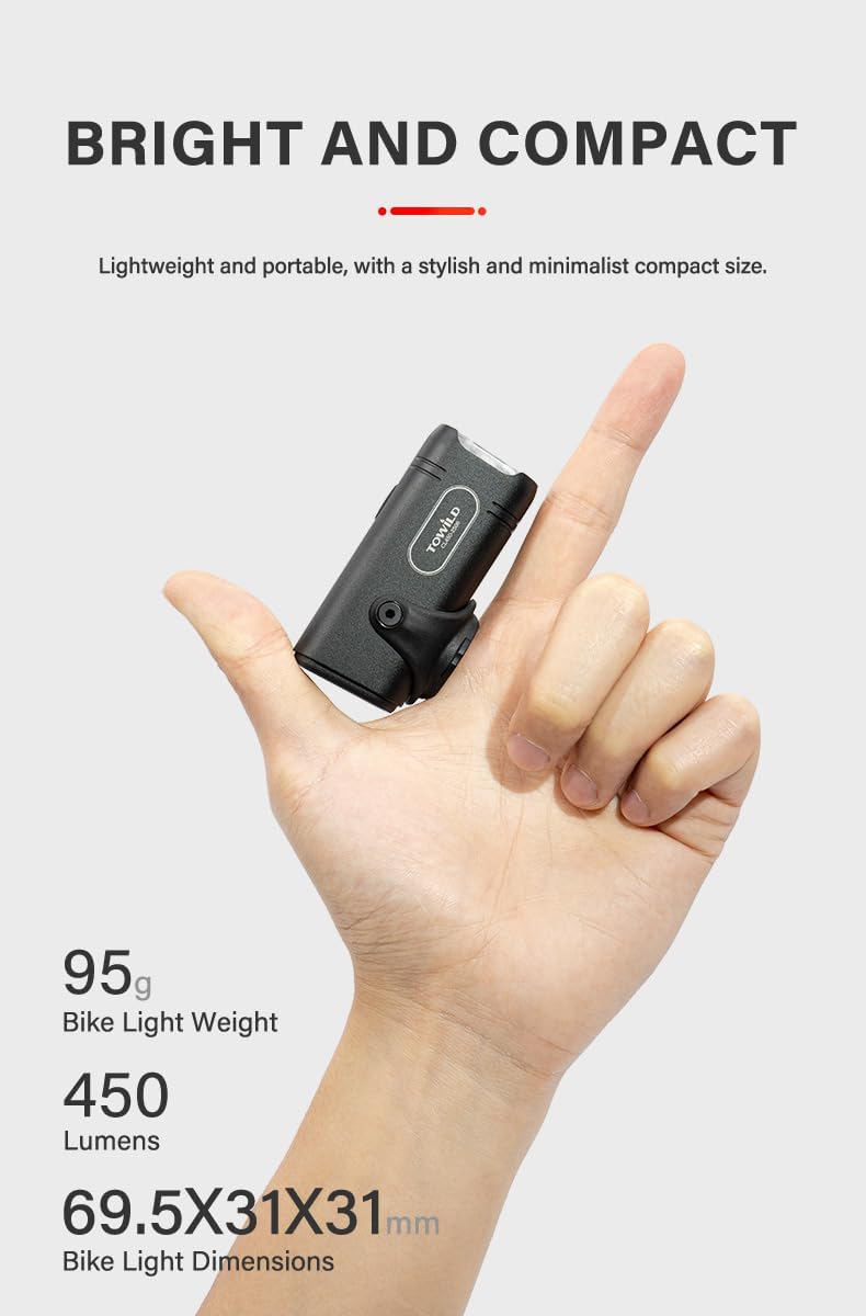 TOWILD CL450 Bike Lights for Night Riding, 450 Lumens, USB-C Rechargeable, Aluminum Alloy, IPX6 Waterproof - Image 2